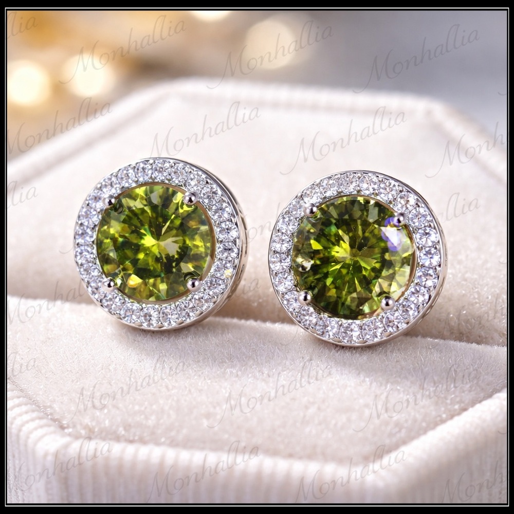 New 925 Silver Peridot Green Halo Stud Earrings